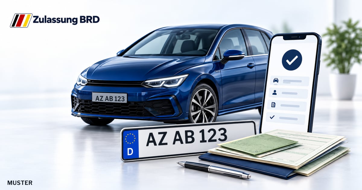 Online Fahrzeugzulassung in Landkreis Alzey-Worms: Musterkennzeichen AZ AB 123, Auto und Fahrzeugpapiere und Smartphone. Illustration mit Logo von Zulassung BRD.